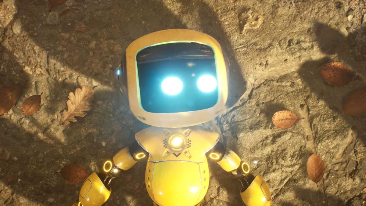 A small yellow robot with blue eyes, which serves as the Simplygon mascot, against a backdrop of autumnal leaves and soil