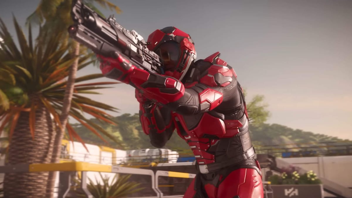 A character in red armor holding a gun in Chris Roberts' Star Citizen