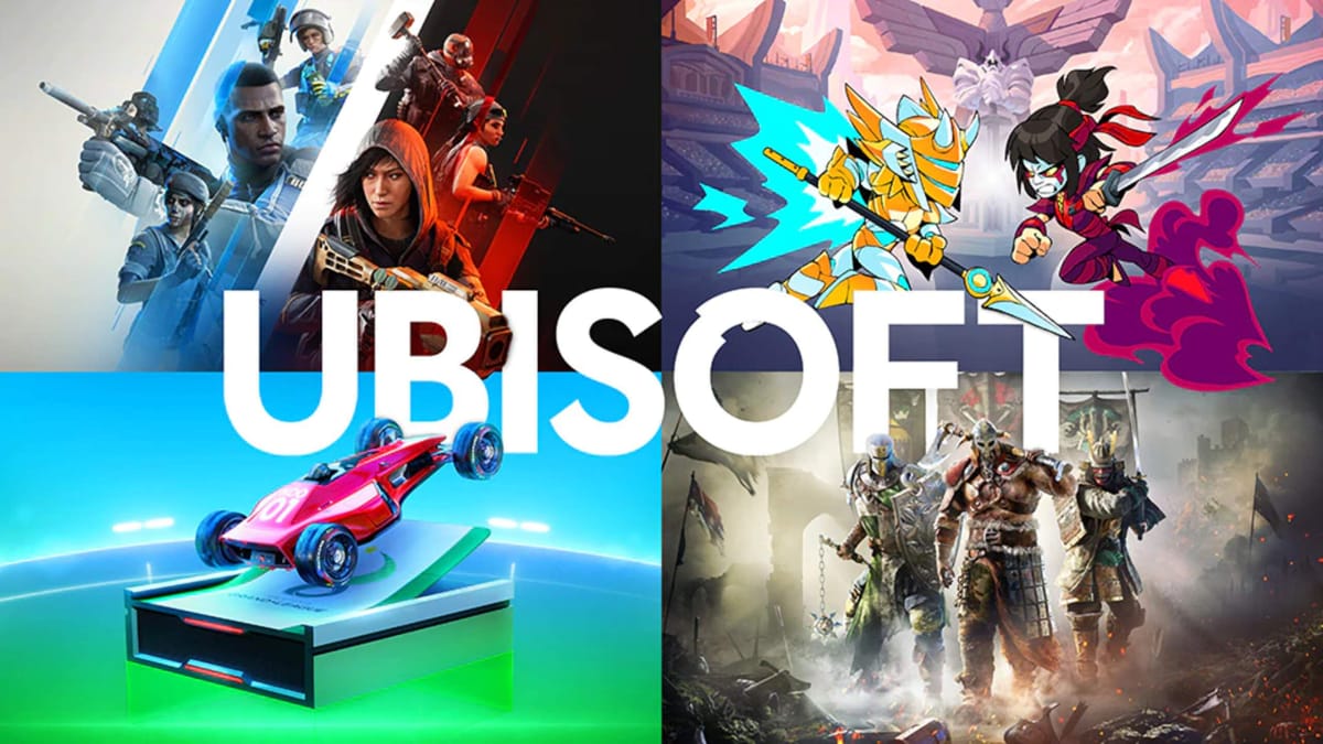 A modern Ubisoft logo surrounded by art for several of the company's games, representing the Ubisoft E3 2013 presentation