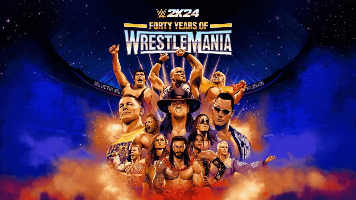 A spread-shot cover of WWE 2k24, showcasing several of WWE's iconic wrestlers and characters in a key art to celebrate Wrestlemania's 40th anniversary.