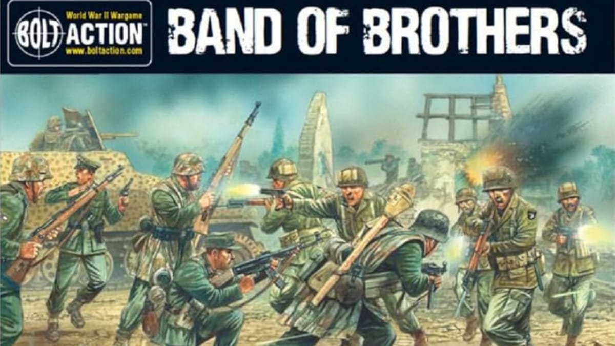 Promotional box artwork of Bolt Action: Band of Brothers, showing expressive artwork of a group of soldiers in a war zone.