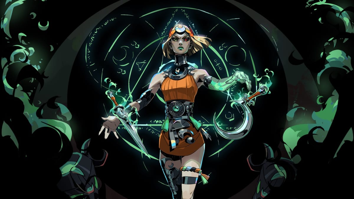 Promo image of Melinoe from Hades II, standing in a black void surrounded by magical glyphs in dark green flame.