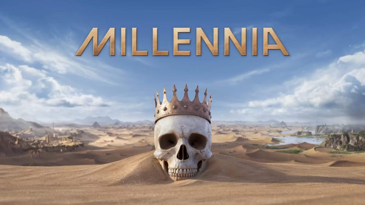 Artwork for the Civ-like 4X game Millennia, featuring a skull wearing a crown below the game's title