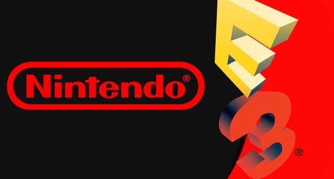 Artwork depicting both the NIntendo and E3 logos with a red background on the right of the E3 logo and a black background to its left. 