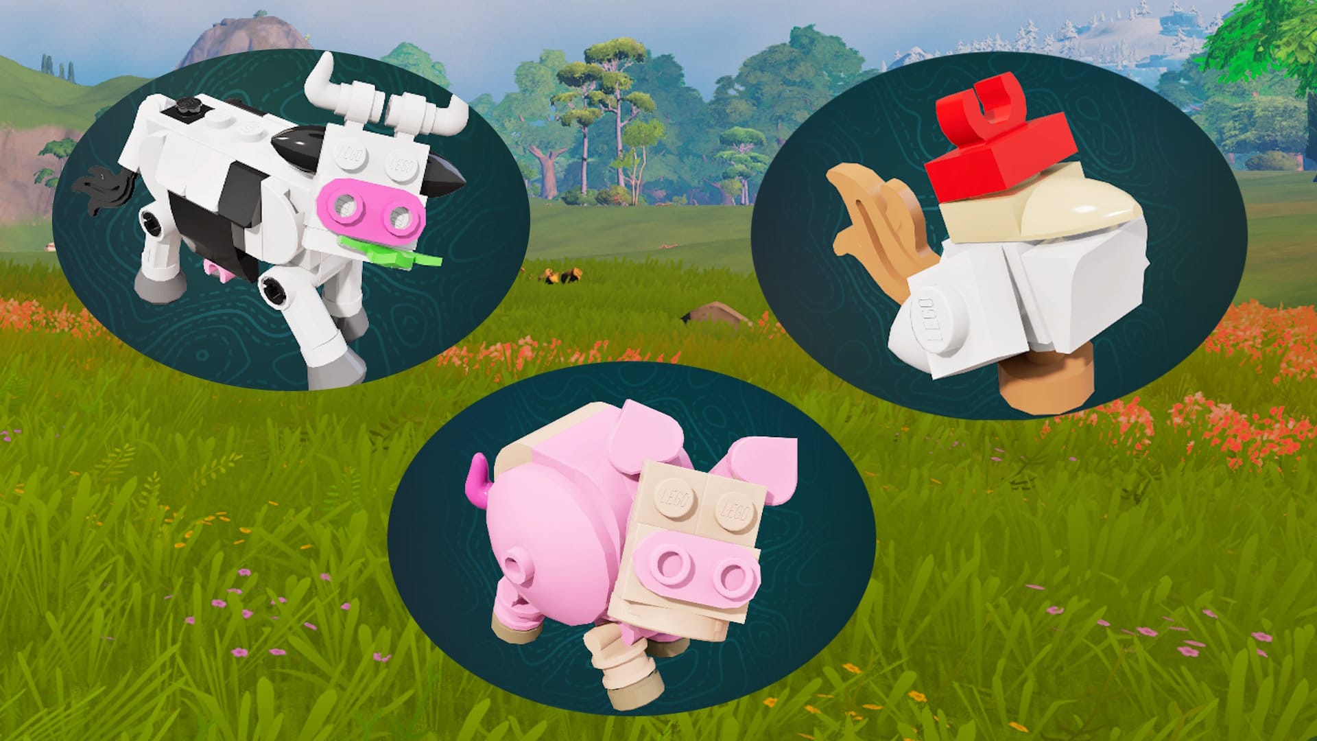 A LEGO Cow, Pig, and Chicken with a grassland backdrop.