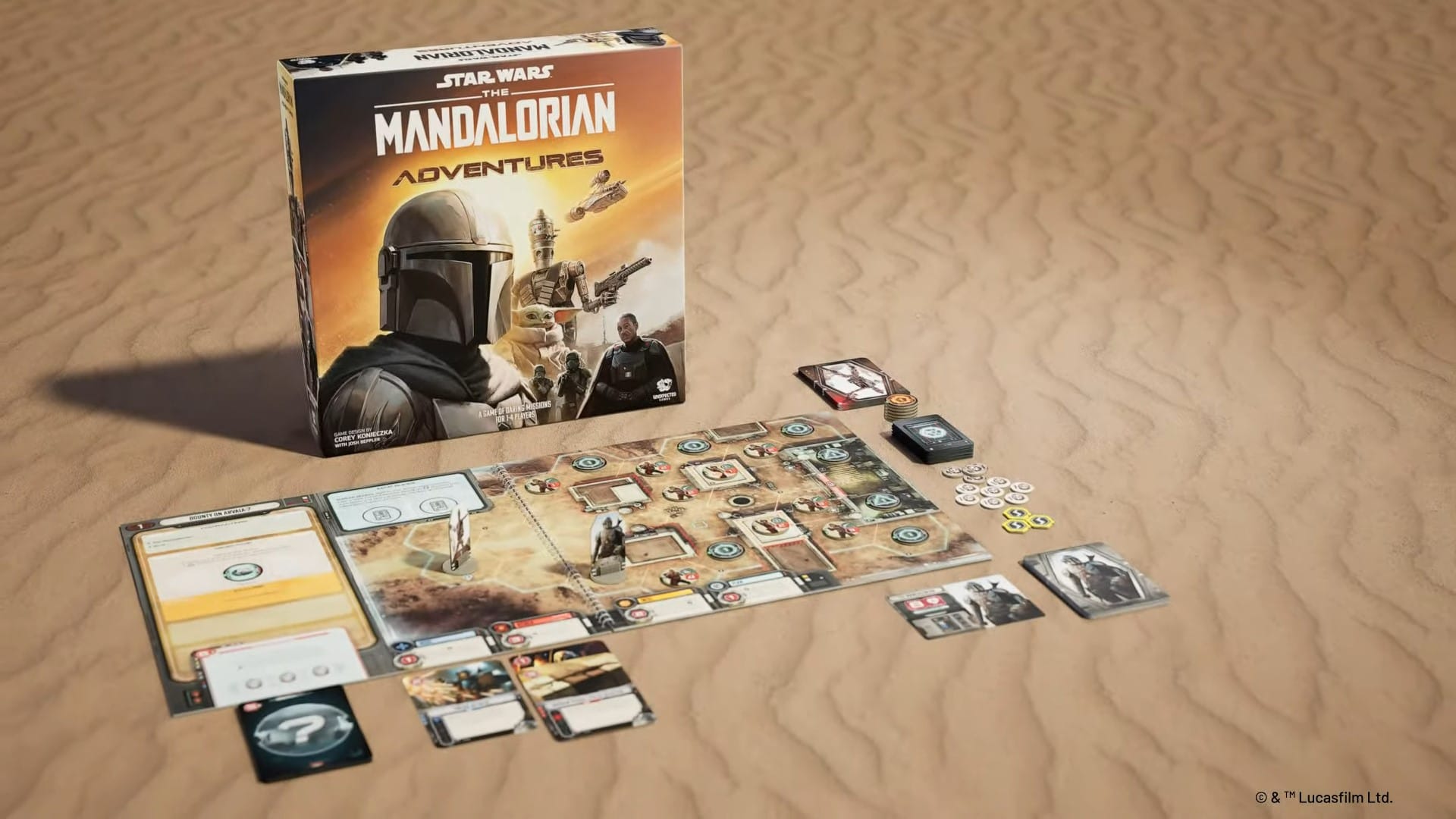 A promo image of The Mandalorian Adventures board game, showcasing the box and its contents on a desert background.