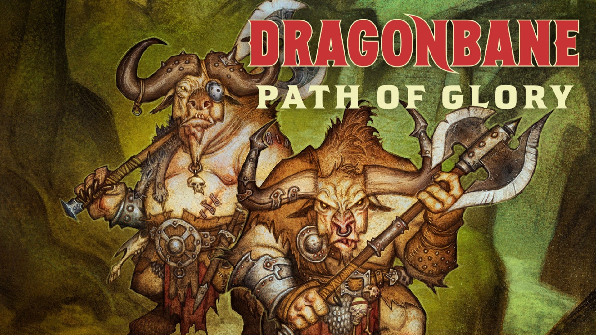 A promotional image of Dragonbane Path of Glory, featuring two minotaurs brandishing axes.