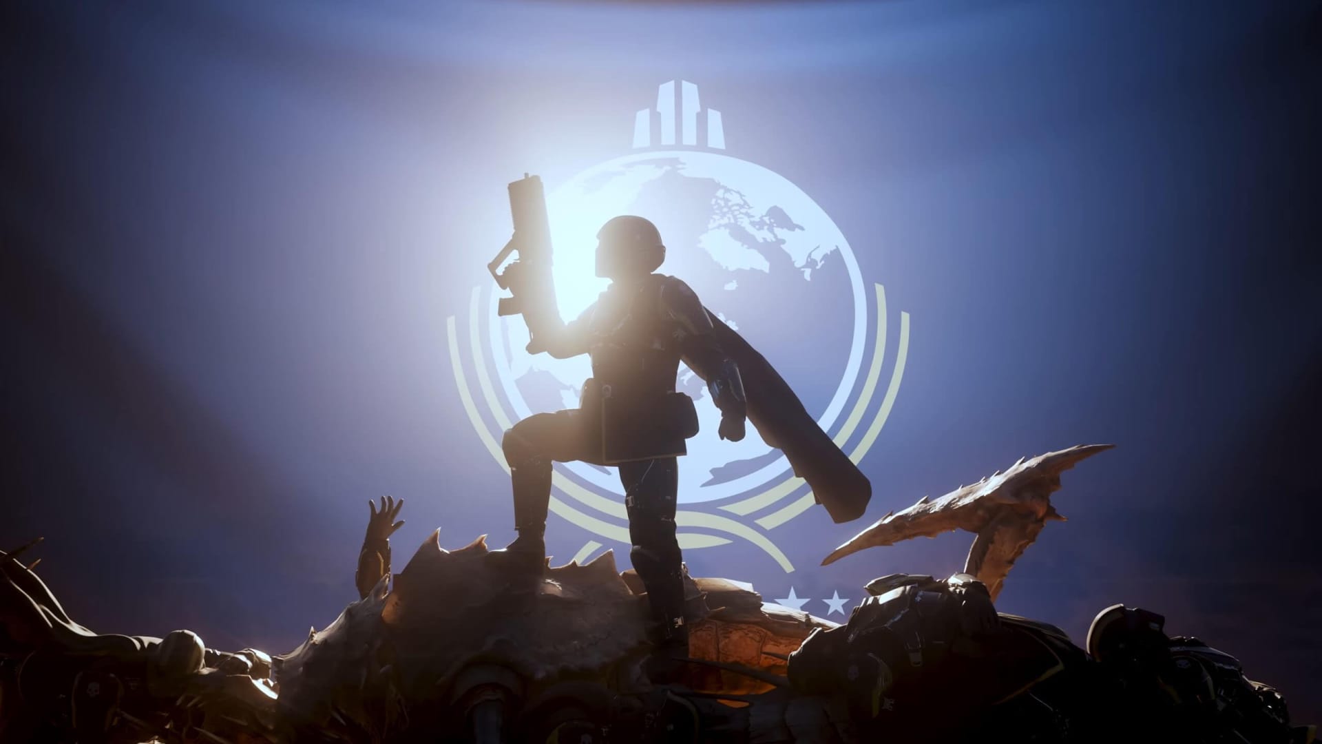 A soldier in a heroic pose against a flag backdrop in Helldivers 2