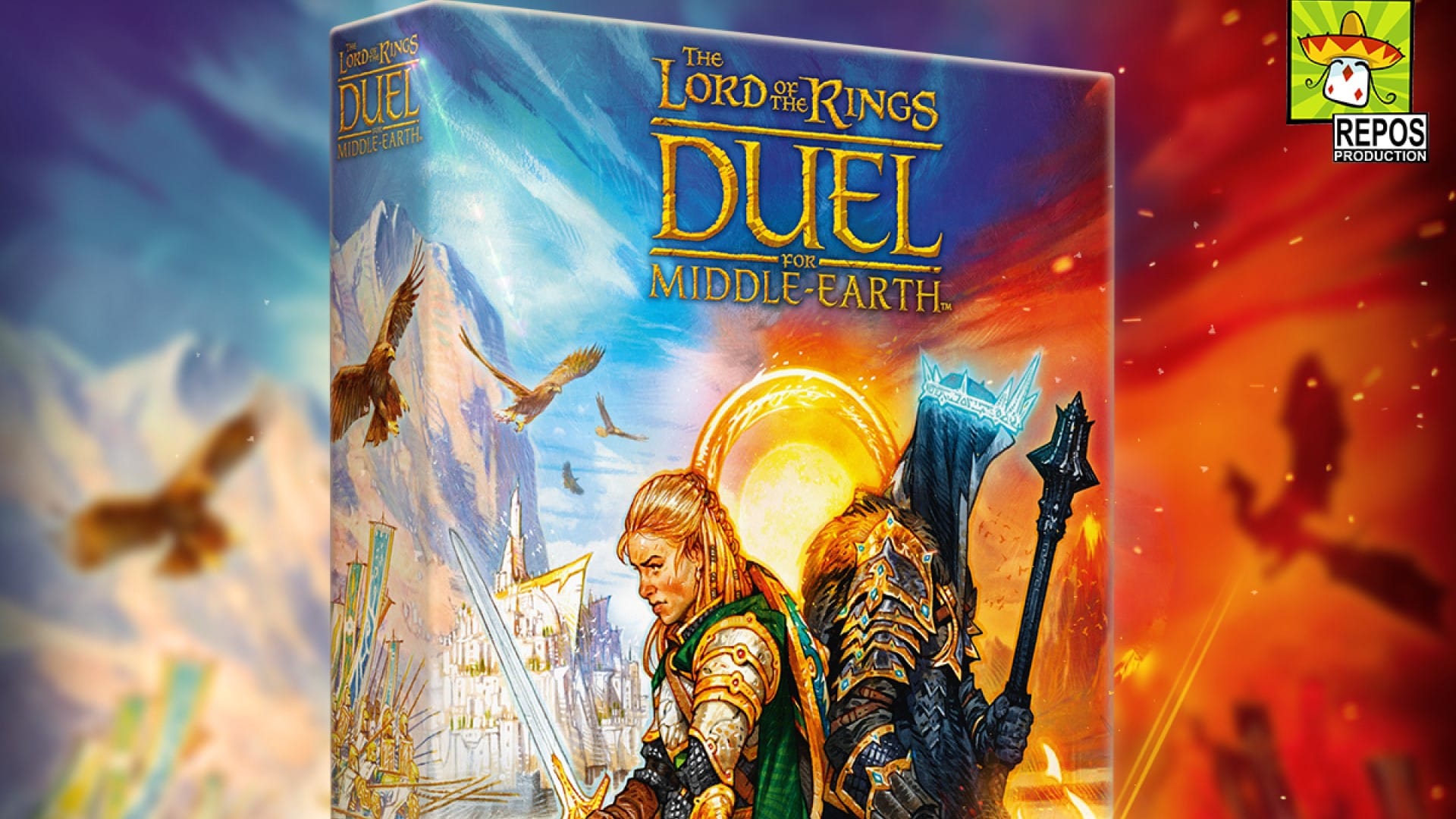 The box art of Lord of the Rings Duel for Middle-earth, showing detailed artwork of iconic characters swords drawn.