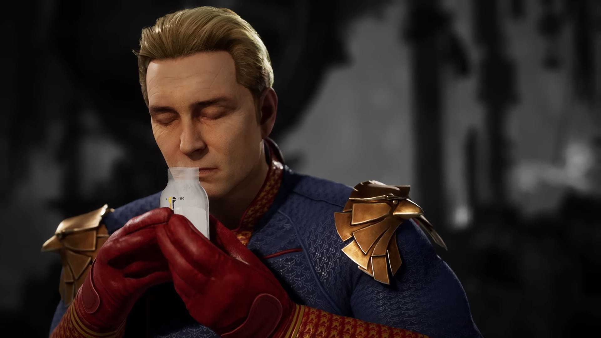 The Boys' Homelander inhaling the scent of a bottle of milk (you know where it's from) in Mortal Kombat 1
