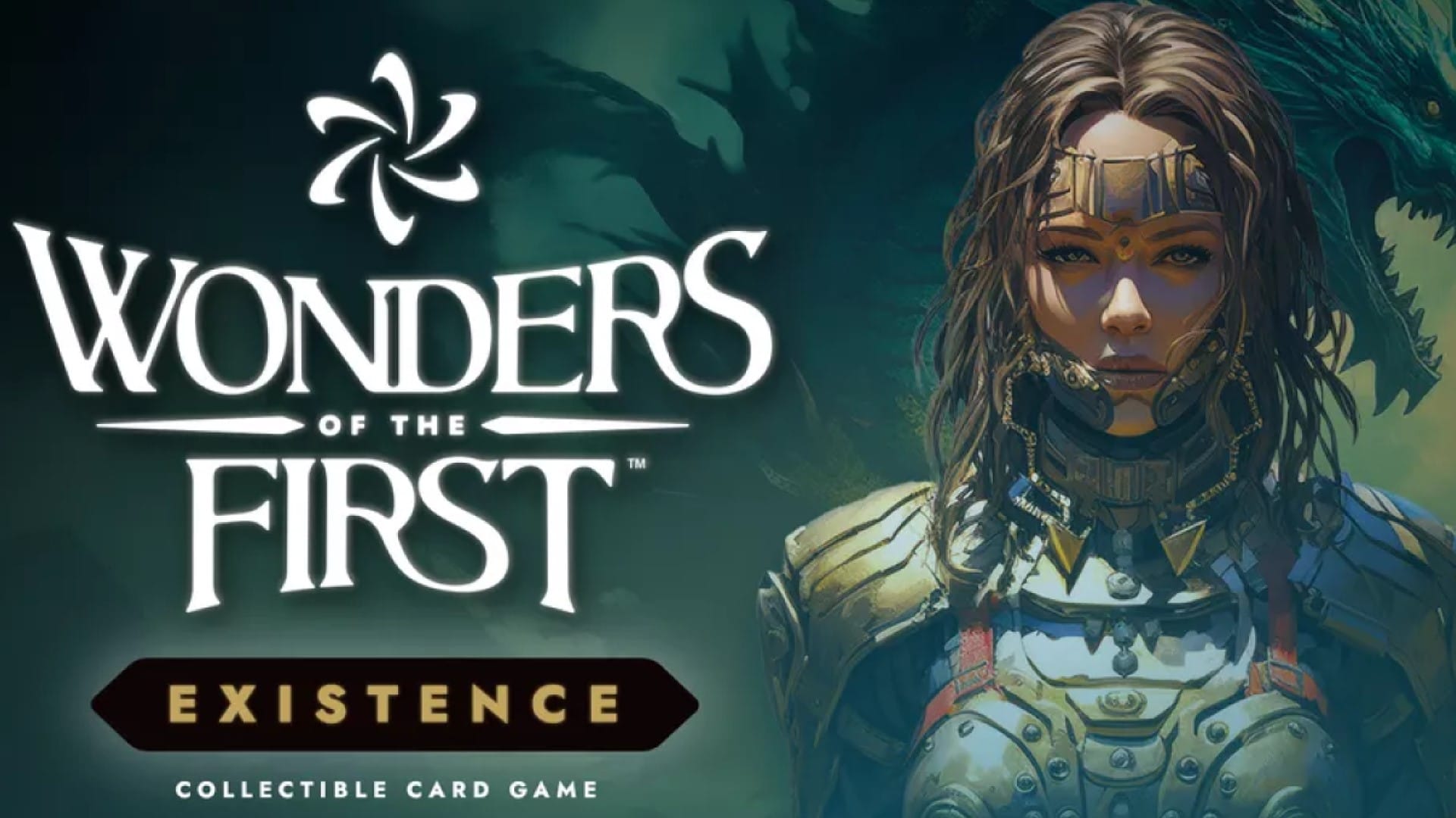 Promotional artwork of the Wonders of the First backer box, featuring a woman in armor with a dragon in the background.