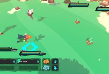 TemTem screenshot showing a grassy field with various different monsters facing off against each other. 