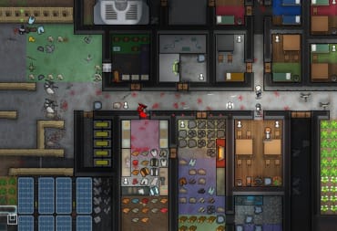 A base in Rimworld under attack by mechanoids.