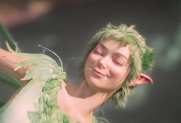 A fairy joyously flying through a forest
