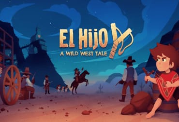 A boy crouches behind a rock with a slingshot in El Hijo: A Wild West Tale