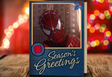 A photo mode Season's Greetings shot from Marvel's Spider-Man Remastered