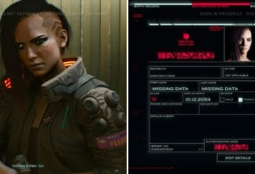 Left: V in the E3 2018 Cyberpunk 2077 demo. Right: The original character creation screen from the same demo, showing many more roleplaying options