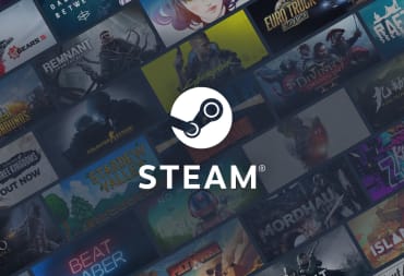 The Valve Steam logo against a backdrop of games available on the service