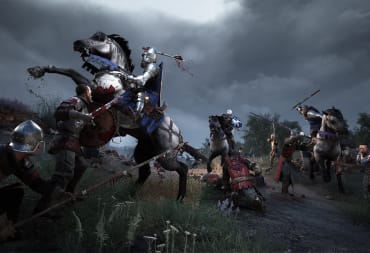 Screenshot from Chivalry 2 with a man on horseback surveying a battlefield
