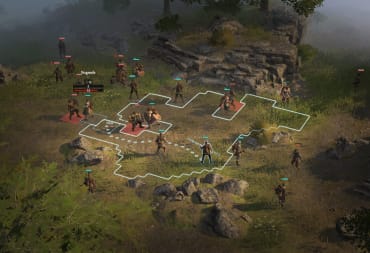 WarTales battle mode, A battle happening on a grass and rock plain, with several small engagements between two or three people in medieval outfits and a perimeter of others. some have red indicators, others blue