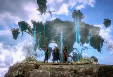 Three characters looking out on a floating continent in Lost Ark