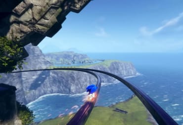 Sonic grinding on a rail in the open-world environment of Sonic Frontiers