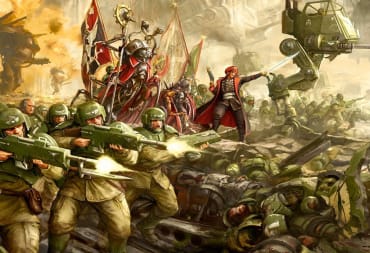 Artwork of an army of Imperial Guard charging into a battle
