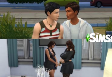 Two images stacked on top of each other. The top picture is two male Sims looking into each other's eyes. The bottom is two female Sims looking into each other's eyes.