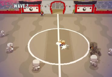 The player character playing soccer against a group of ninjas in Soccer Story