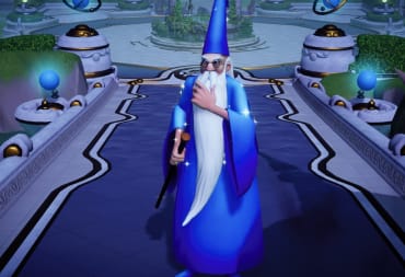 Screenshot of Merlin in Disney Dreamlight Valley, standing in the Plaza stroking his long fluffy white beard, Disney Dreamlight Valley Merlin Guide