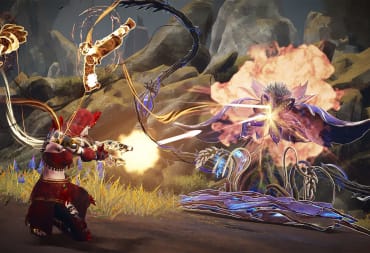 The player battling some kind of flower monster with a floating pistol in Babylon's Fall