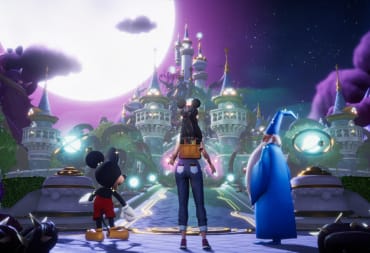 Disney Dreamlight Valley screenshot showing the player, Mickey, and Merlin looking at a castle.