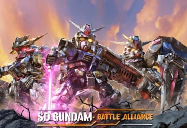 A landscape shot of 3 Mobile Suit Gundams in their Super Deformed visuals, standing on the edge of a cliff with the game name underneath.