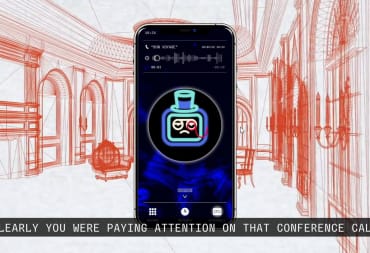 A phone playing an audio clip with the caption "clearly you were paying attention on that conference call" in voice-controlled thriller Unknown Number