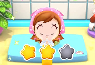 Cooking Mama smiling behind a two-star rating in Cooking Mama: Cookstar