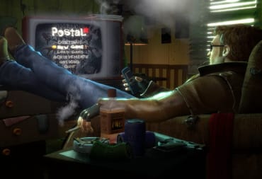 The Postal Dude holding a remote control and looking at the Postal 3 title screen