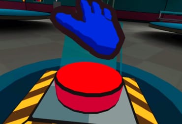 Among Us 2023 VR screenshot showing a blue hand slamming down on a red button.