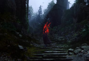 A figure mysteriously smoldering amid ruins in Final Fantasy 16