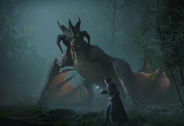 Hogwarts Legacy screenshot showing a character facing off against a dragon.