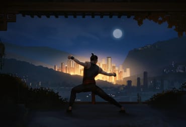 The main character in Sifu strikes a pose against an evocative city backdrop