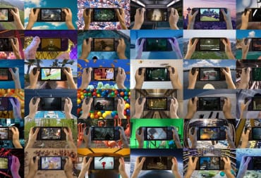 A tiled image depicting many people playing Steam Decks in different settings