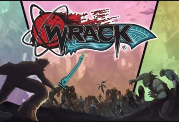 Wrack Key Art showing a silhouette wielding a strange blue blade with a cast of desaturated characters below