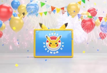 A TV showing "2023 Pokemon Day" and Pikachu's face as confetti and balloons rain down to mark the new Pokemon Presents showcase