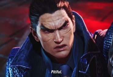 Kazuya looking disapprovingly into the camera and saying "Pitiful." in Tekken 8
