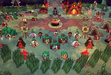 Animals gathered to worship in the Devolver Digital game Cult of the Lamb