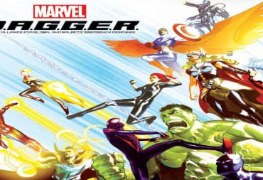The cover of the board game Marvel Dagger, featuring artwork of The Avengers in a team-up pose.