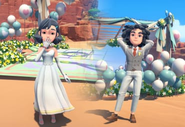 Two My Time at Sandrock characters in the new marriage attire