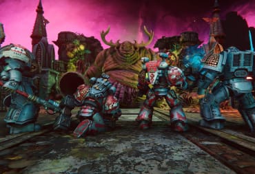 A group of Grey Knights facing off against Nurgle's monstrosity in Warhammer 40k: Chaos Gate - Daemonhunters