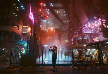 A woman making a heart symbol against a Night City backdrop in Cyberpunk 2077