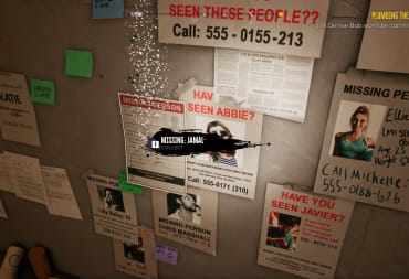 Dead Island 2 screenshot showing a notice board filled with missing persons posters with a single poster glowing titled Missing: Jamal